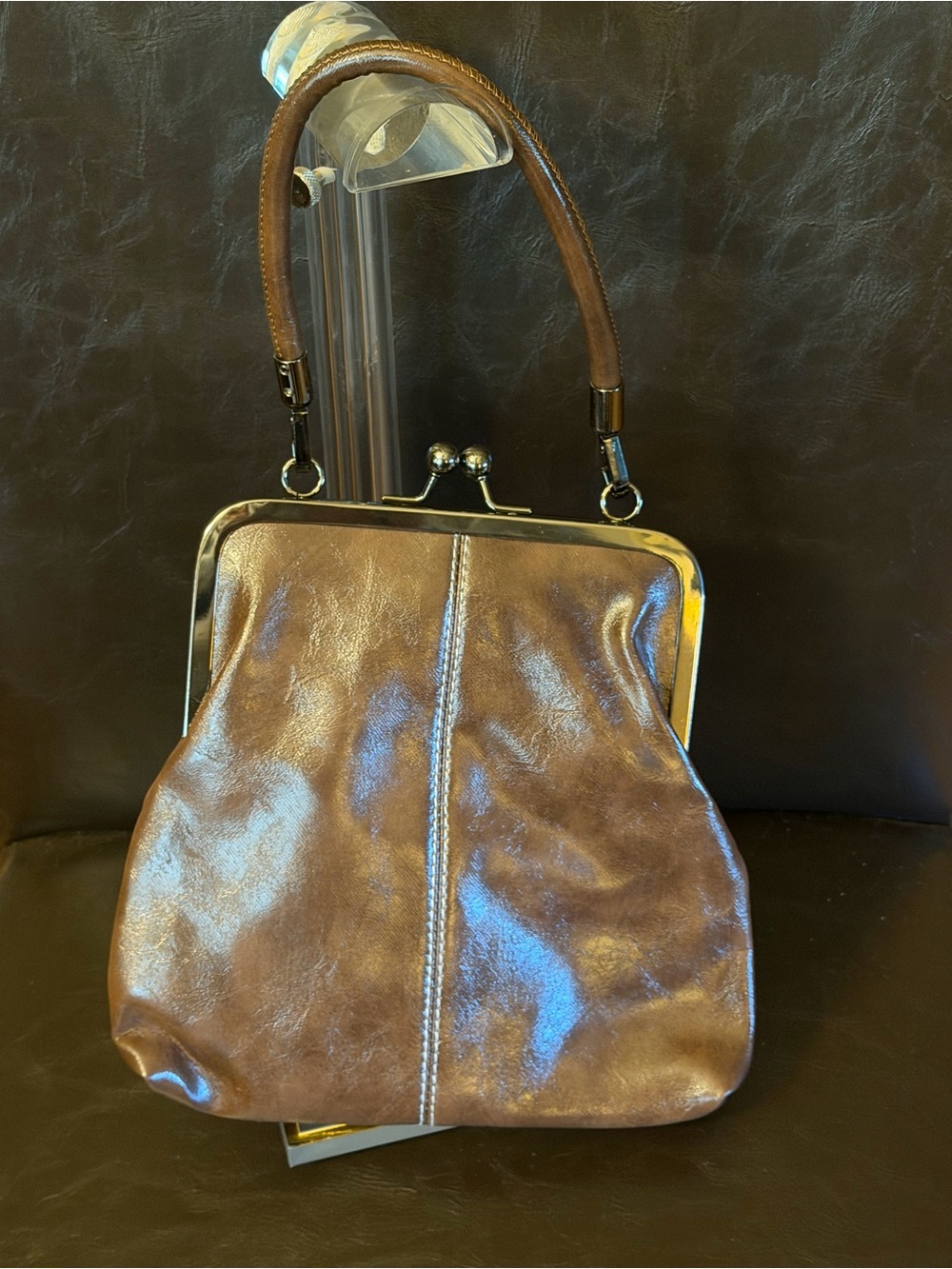 Vintage Brown Faux Leather Kiss Lock Frame-Top Satchel/Hand Bag NWOT - Picture 2 of 6